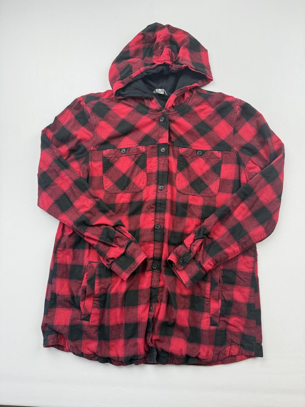 Eddie Bauer Jacket Womens XL Red Plaid Flannel Hooded Button Pockets Lined